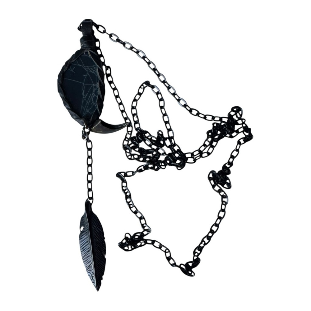 Leather Wrapped Black Stone Long Necklace Long Pendant Drop Native Boho Style - Picture 8 of 9